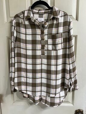 Anthropologie Beige Plaid Knit Top with Multicolor Stripes